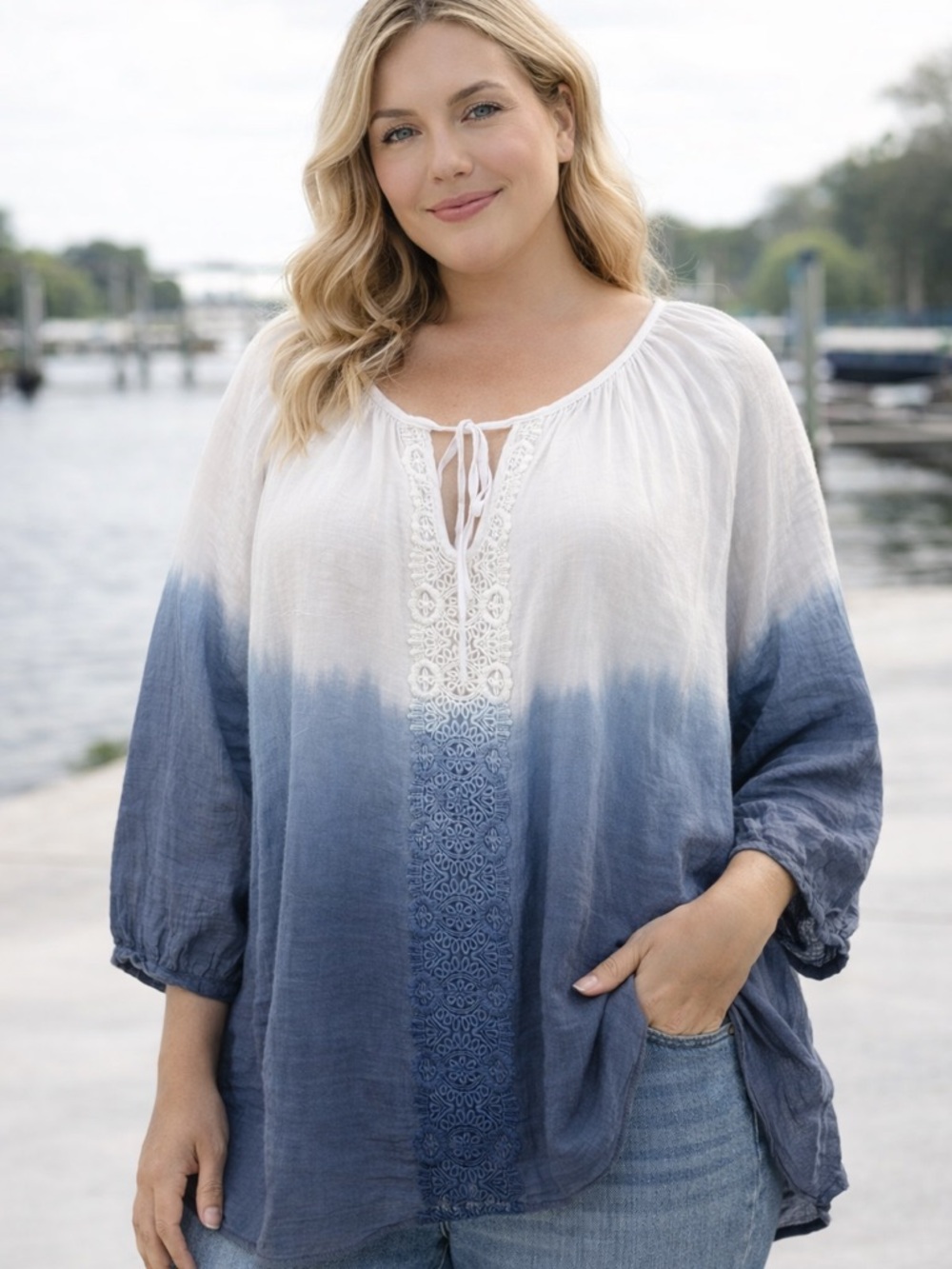 NWT I.N. Studio Blue Ombre Boho Peasant Top Lace-Up Front Flowy Blouse 2X Plus